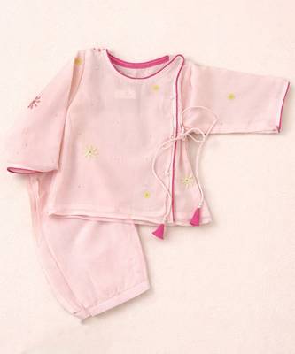 Baby pink embroidered pure soft georgette angrakha set 2