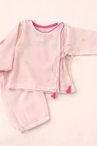 Baby pink embroidered pure soft georgette angrakha set