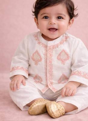 Cream white embroidered pure chanderi kurta set 1