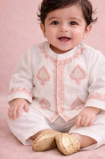 Cream white embroidered pure chanderi kurta set