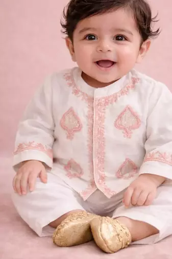 Cream white embroidered pure chanderi kurta set