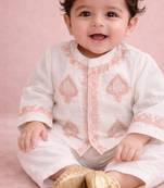 Cream white embroidered pure chanderi kurta set