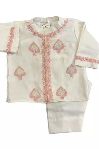 Cream white embroidered pure chanderi kurta set