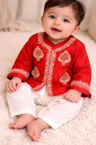 Red embroidered pure chanderi kurta set