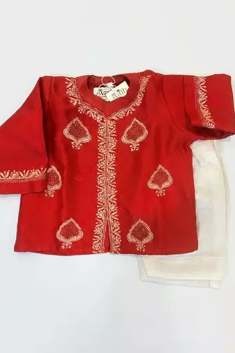 Red embroidered pure chanderi kurta set