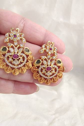Traditional Gold Plated Temple Chandbali Earrings with Ruby & Green Stones for Women & Girls