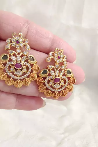 Traditional Gold Plated Temple Chandbali Earrings with Ruby & Green Stones for Women & Girls