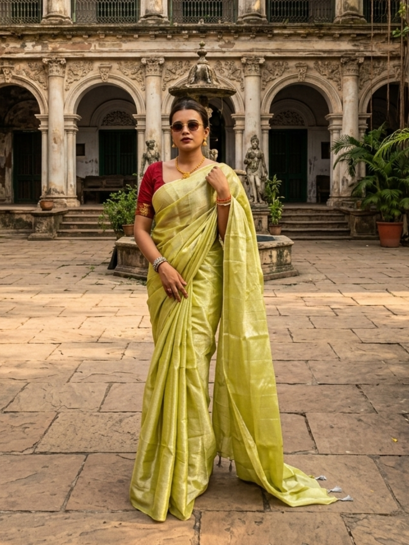 lime yellow handloom tissue saree
