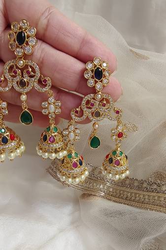 Gold Plated Multicolor Stone Traditional Jhumka Earrings for Women with Pearl Drops 