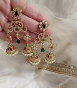 Gold Plated Multicolor Stone Traditional Jhumka Earrings for Women with Pearl Drops 