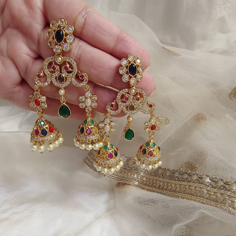 Gold Plated Multicolor Stone Traditional Jhumka Earrings for Women with Pearl Drops 