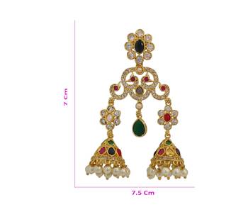 Gold Plated Multicolor Stone Traditional Jhumka Earrings for Women with Pearl Drops  2