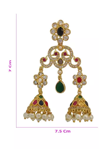 Gold Plated Multicolor Stone Traditional Jhumka Earrings for Women with Pearl Drops 