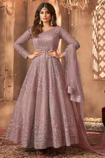 Mauve embroidered net semi-stitched anarkali suit