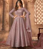 Mauve embroidered net semi-stitched anarkali suit