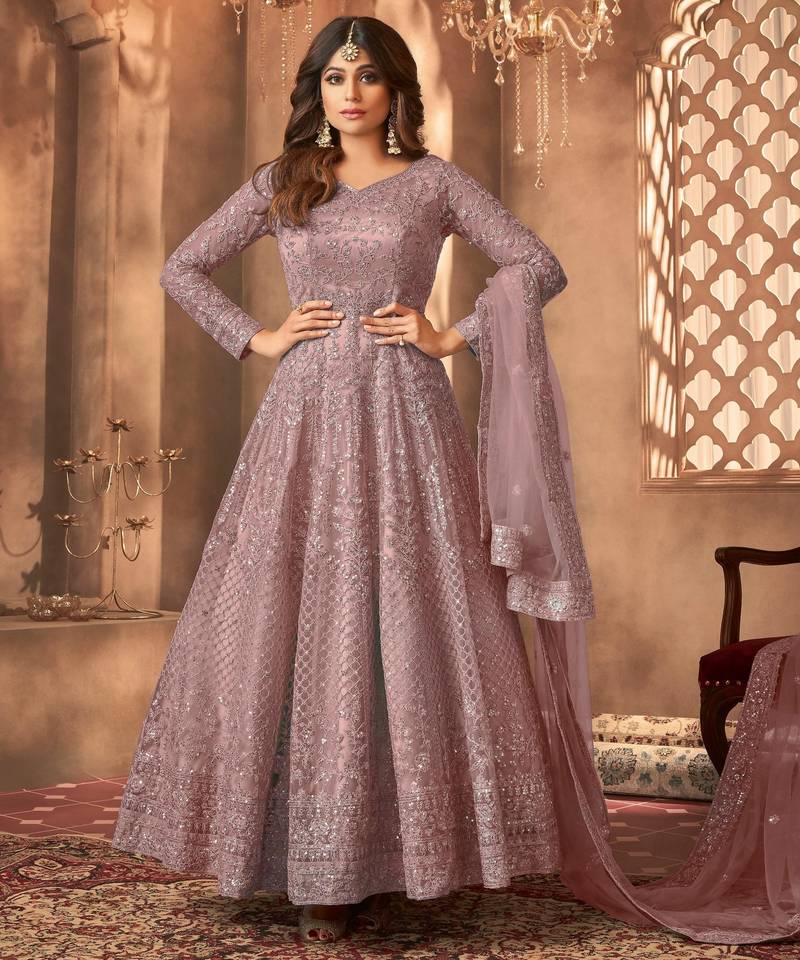Mauve embroidered net semi-stitched anarkali suit