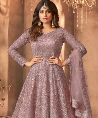 Mauve embroidered net anarkali suit 2