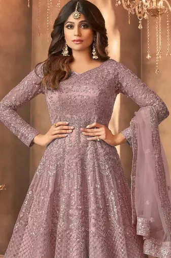 Mauve embroidered net anarkali suit