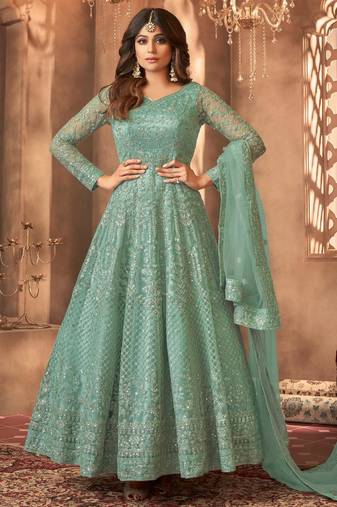 Green embroidered net semi-stitched anarkali suit