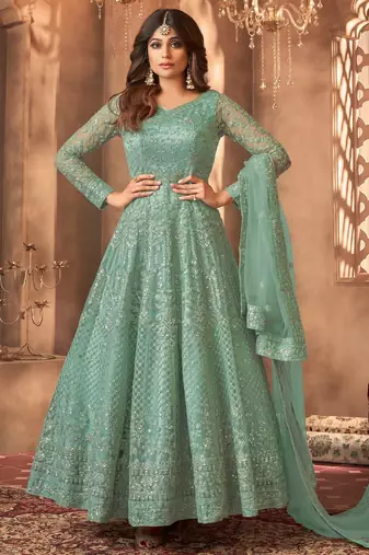 Green embroidered net semi-stitched anarkali suit
