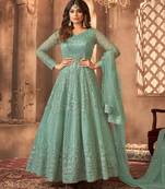 Green embroidered net semi-stitched anarkali suit