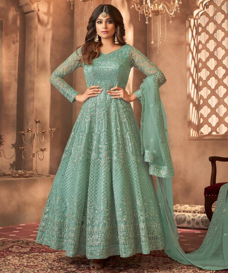 Green embroidered net semi-stitched anarkali suit