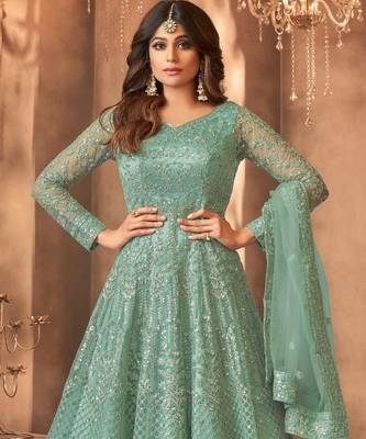 Green embroidered net anarkali suit 2