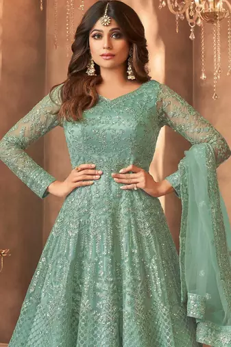Green embroidered net anarkali suit