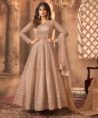 Beige embroidered net anarkali suit 1