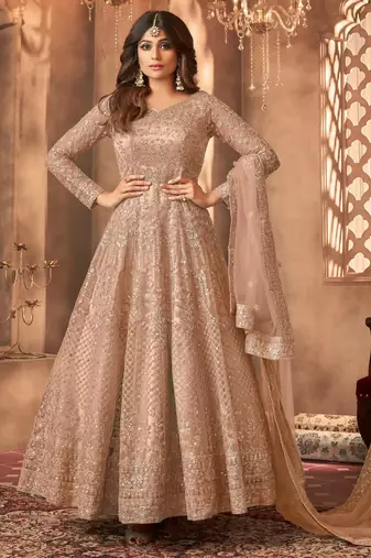 Beige embroidered net semi-stitched anarkali suit