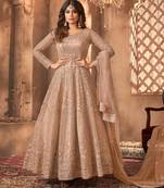 Beige embroidered net anarkali suit