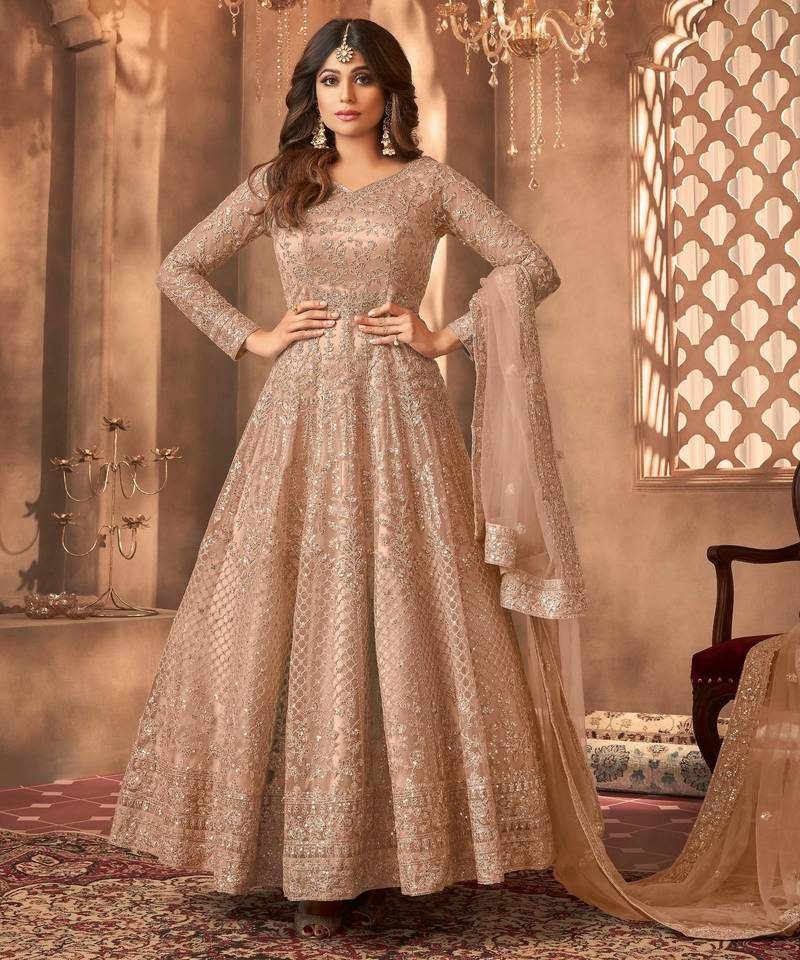 Beige embroidered net semi-stitched anarkali suit