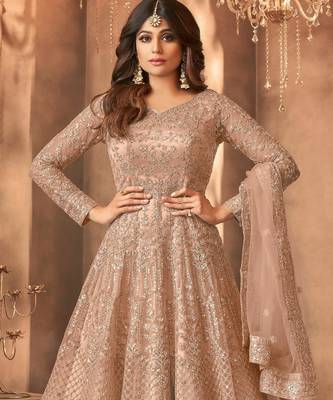 Beige embroidered net anarkali suit 2