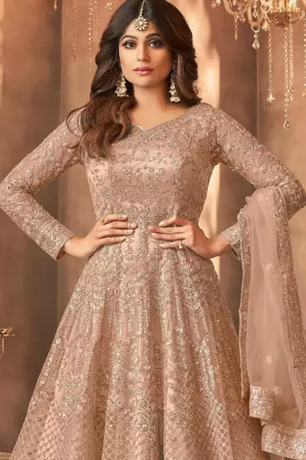 Beige embroidered net anarkali suit