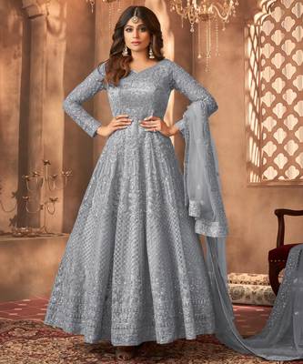 Gray embroidered net anarkali suit 1