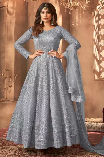 Gray embroidered net semi-stitched anarkali suit