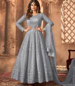 Gray embroidered net semi-stitched anarkali suit