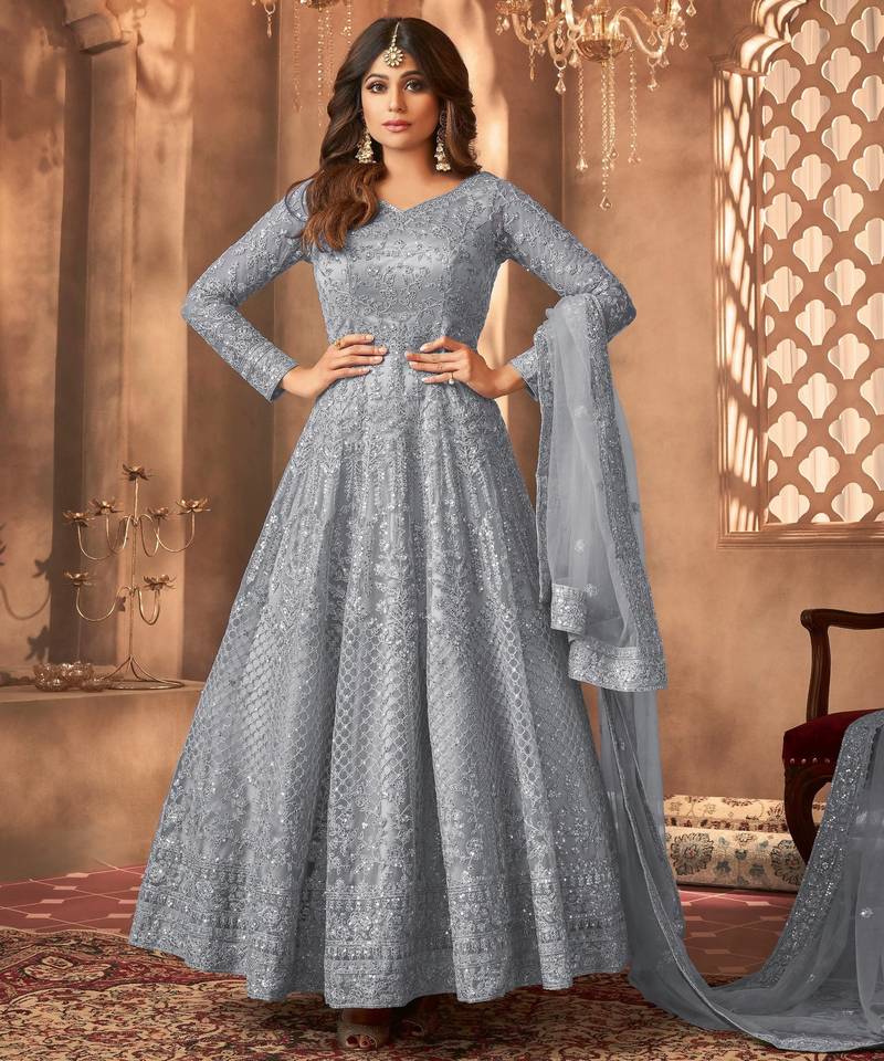 Gray embroidered net semi-stitched anarkali suit