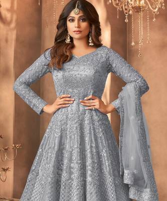 Gray embroidered net anarkali suit 2