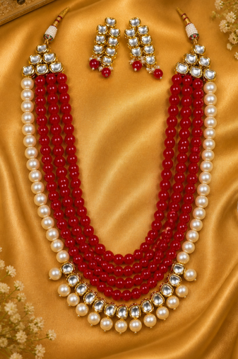 Multi layer pearl beaded kundan gold plated necklace set