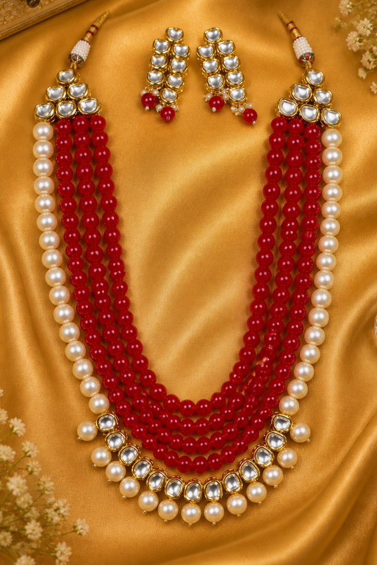 Multi layer pearl beaded kundan gold plated necklace set