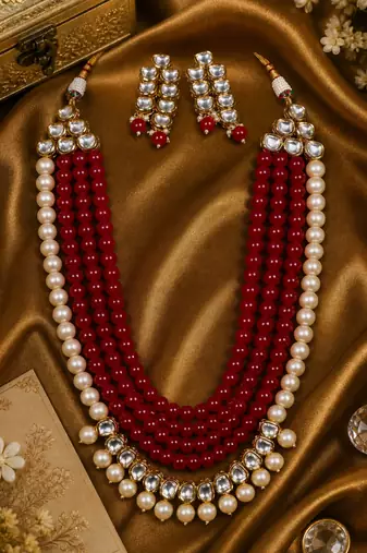 Multi layer pearl beaded kundan gold plated necklace set
