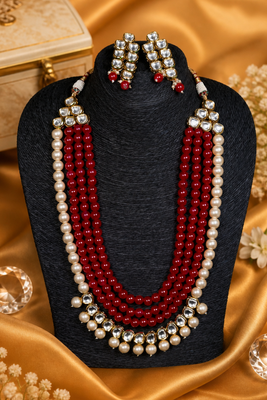 Multi layer pearl beaded kundan gold plated necklace set 3