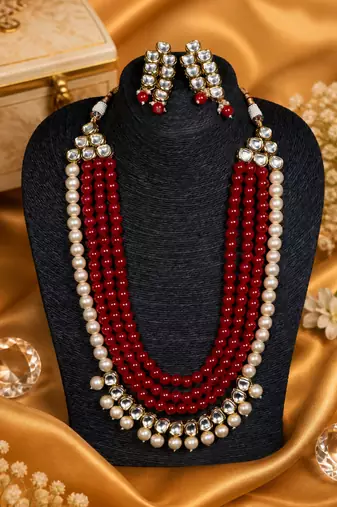 Multi layer pearl beaded kundan gold plated necklace set