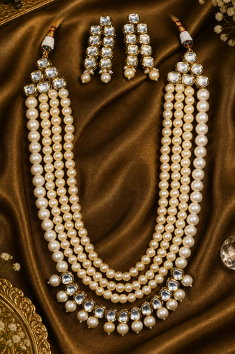Traditional Pearl Beaded Kundan Multi Layer Necklace Set