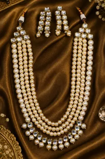 Traditional Pearl Beaded Kundan Multi Layer Necklace Set