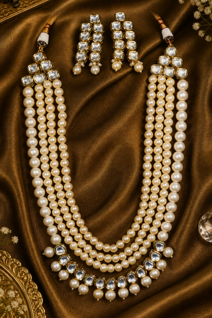 Traditional Pearl Beaded Kundan Multi Layer Necklace Set