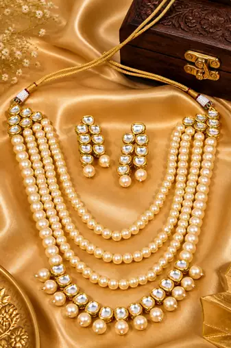 Traditional Pearl Beaded Kundan Multi Layer Necklace Set