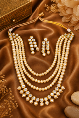 Traditional Pearl Beaded Kundan Multi Layer Necklace Set 3