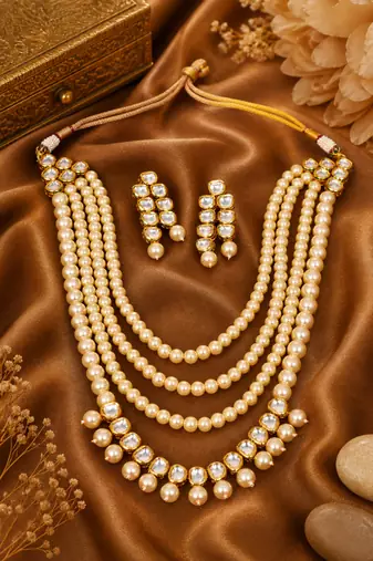Traditional Pearl Beaded Kundan Multi Layer Necklace Set